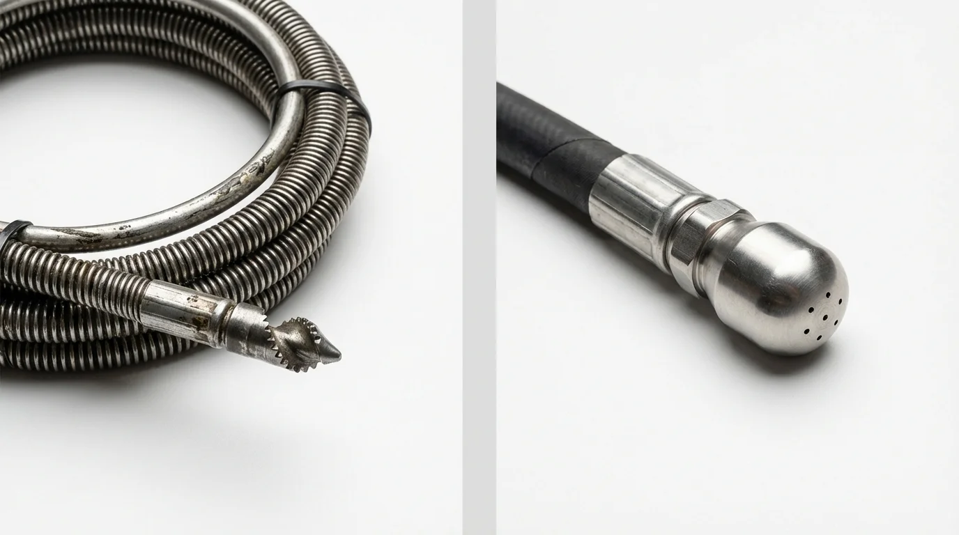 Drain snake cable and hydro jetting nozzle used for drain cleaning in Colfax, IA