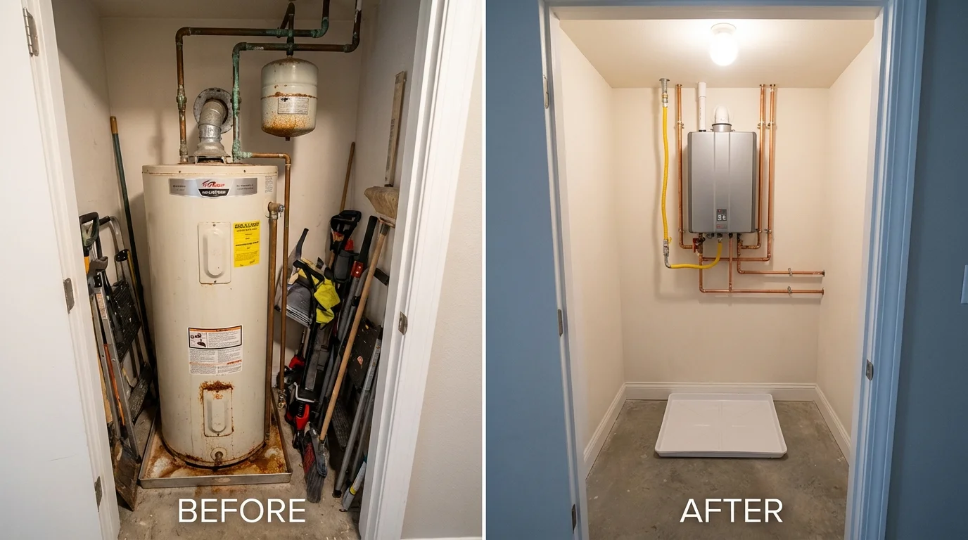 Tank water heater versus wall-mounted tankless unit comparison for Colfax, IA homeowners