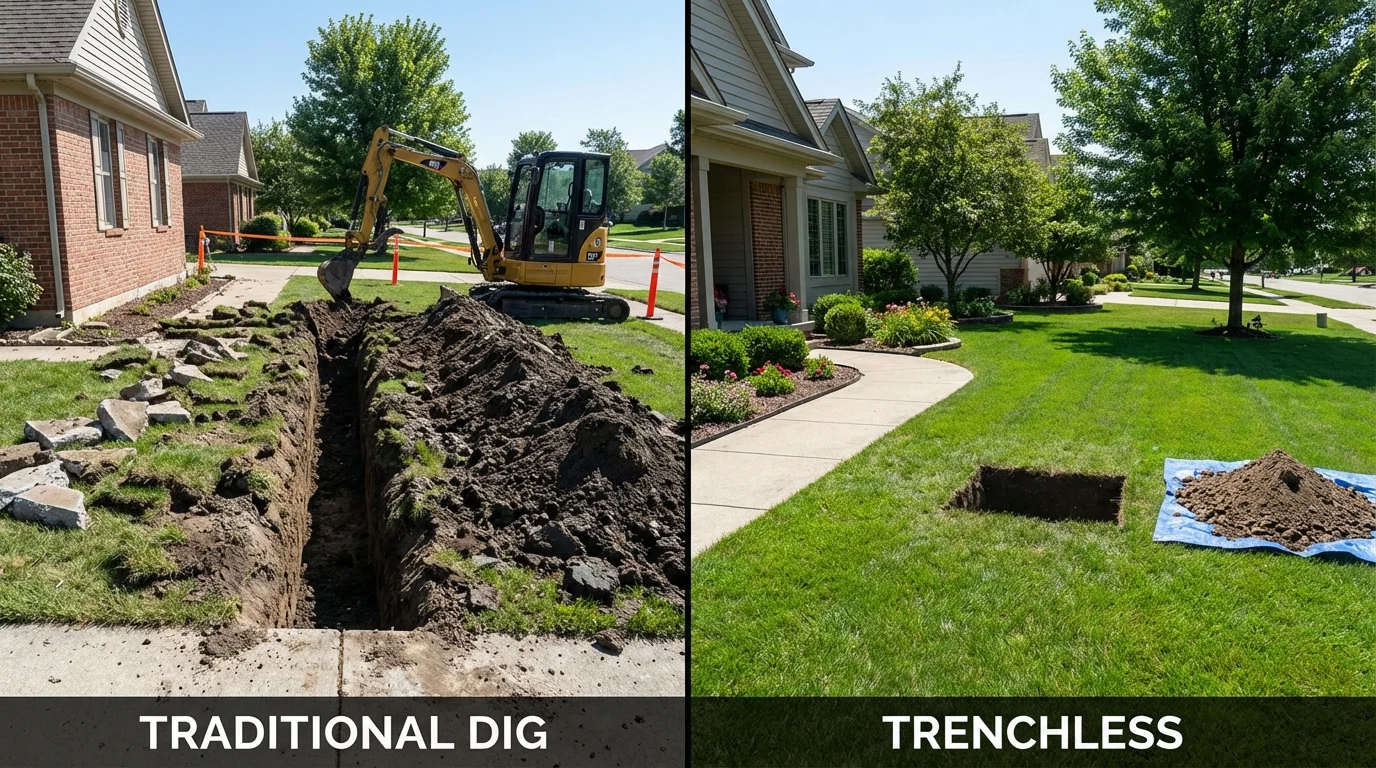 Trenchless sewer repair with minimal yard damage versus traditional excavation in Colfax, IA