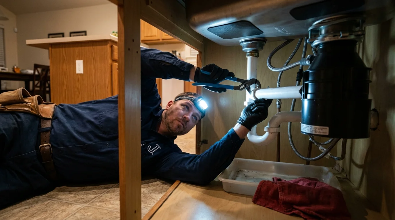 P-trap and supply line connections under a kitchen sink showing a common leak point in Colfax, IA